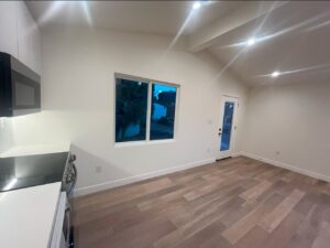 A view from the kitchen shows the front door, the driveway-side window and laminate flooring.
